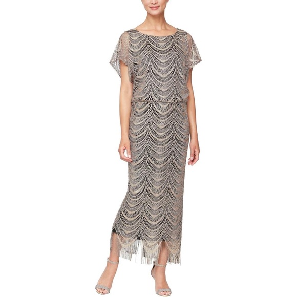 NWT SLNY Metallic Crochet Cocktail Dress - size 14W - Picture 1 of 7